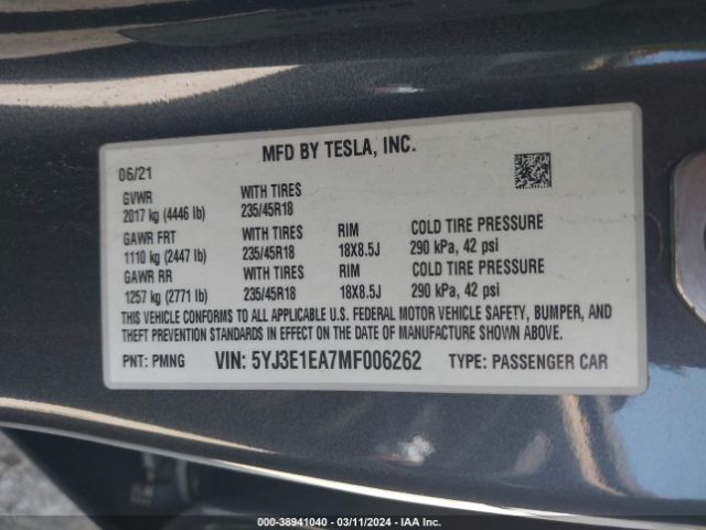 5YJ3E1EA7MF006262 Tesla Model 3 Standard Range Plus Rear-wheel Drive