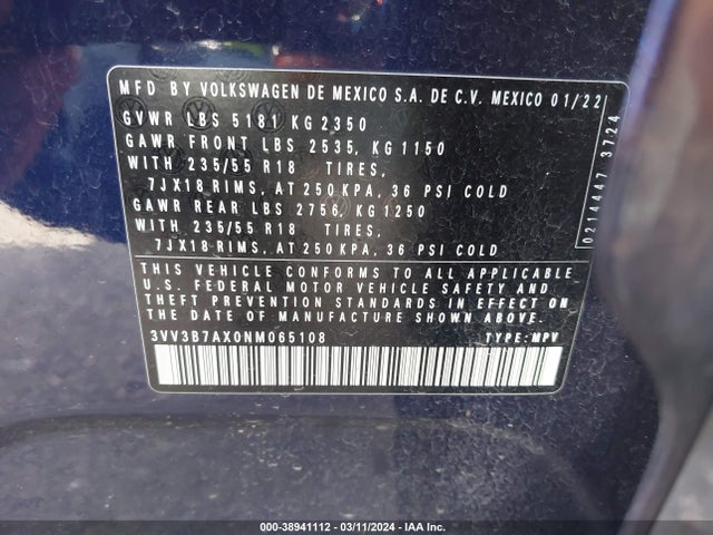 3VV3B7AX0NM065108 Volkswagen Tiguan 2.0t Se