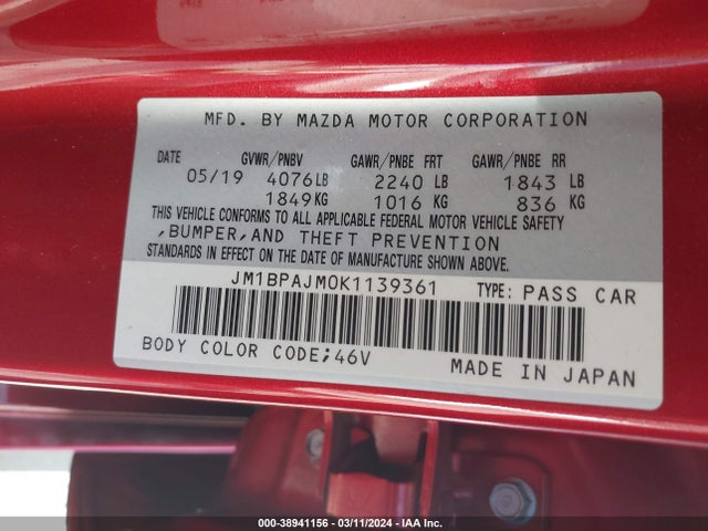38941156 :رقم المزاد ، JM1BPAJM0K1139361 vin ، 2019 Mazda Mazda3 مزاد بيع