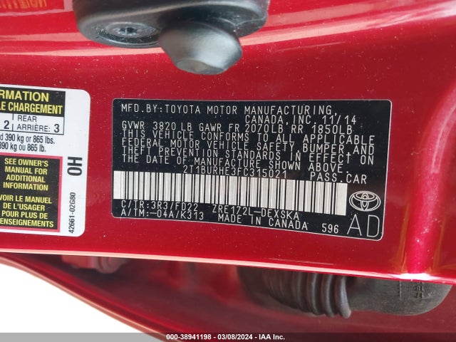 Toyota Corolla S Plus 2015 2T1BURHE3FC315021 Image 9