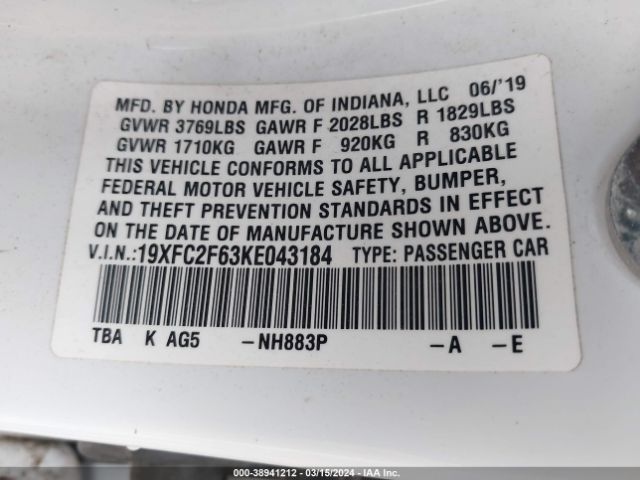 19XFC2F63KE043184 Honda Civic Lx