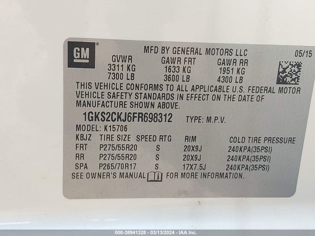 GMC YUKON DENALI 2015 1GKS2CKJ6FR698312 Image 9