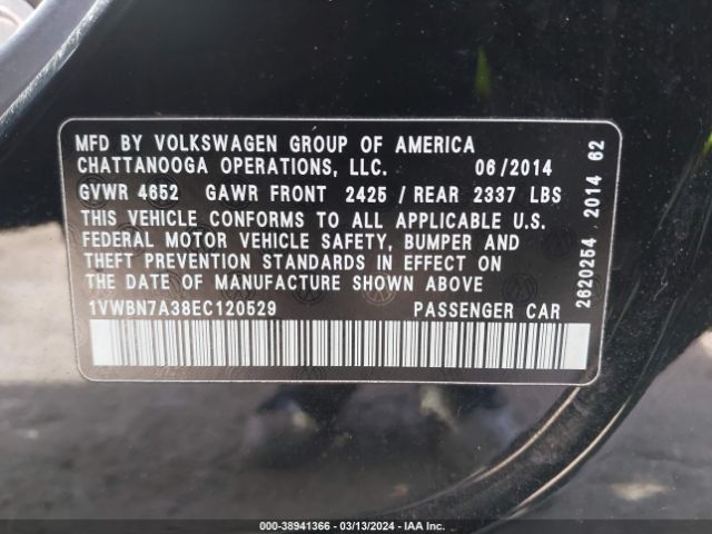 1VWBN7A38EC120529 Volkswagen Passat 2.0l Tdi Se