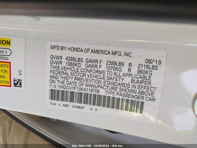 Honda ACCORD LX 2019 1HGCV1F15KA118709 Image 9