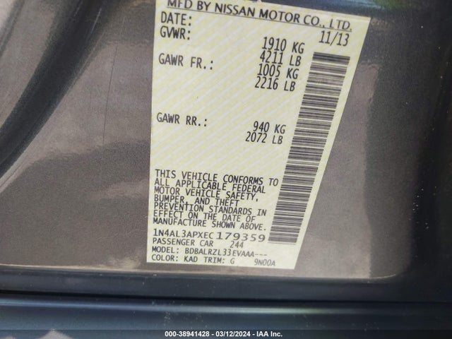 Nissan Altima 2.5 S 2014 1N4AL3APXEC179359 Image 9