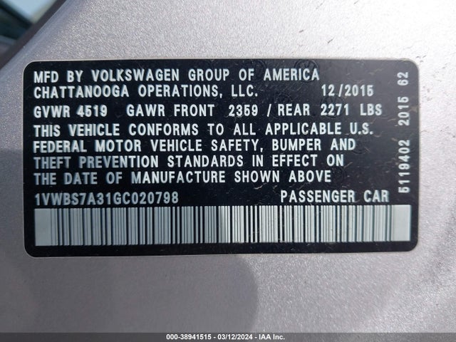 1VWBS7A31GC020798 Volkswagen Passat 1.8t Se