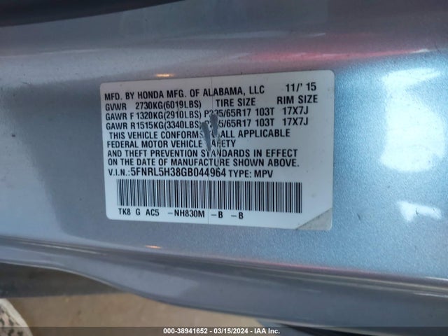 Honda ODYSSEY SE 2016 5FNRL5H38GB044964 Image 9
