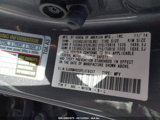 Honda CR-V LX 2015 5J6RM4H39FL016037 Image 9