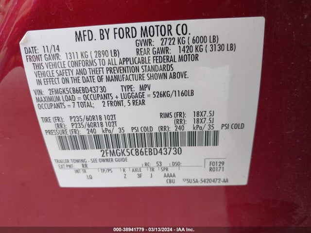 Ford FLEX SEL 2014 2FMGK5C86EBD43730 Image 9