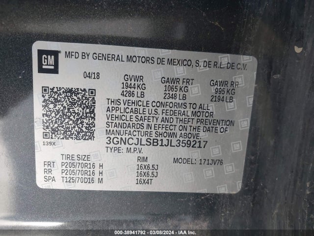 Chevrolet Trax Lt 2018 3GNCJLSB1JL359217 Image 9