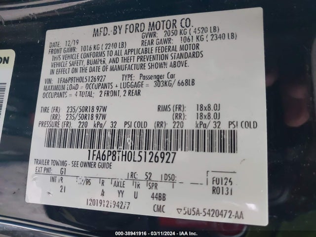 Ford Mustang Ecoboost Fastback 2020 1FA6P8TH0L5126927 Image 9