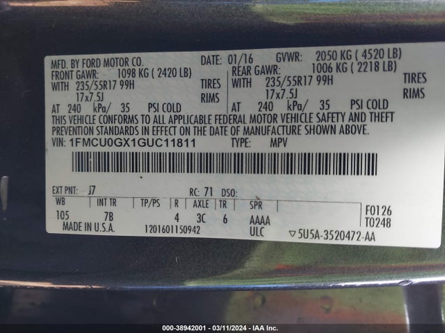 Ford ESCAPE SE 2016 1FMCU0GX1GUC11811 Image 9