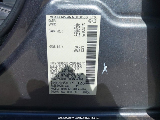 Nissan Altima 2.5 Sl 2019 1N4BL4EV5KC191126 Image 9