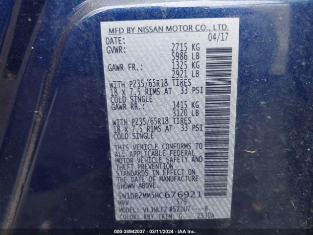 5N1DR2MM5HC676921 Nissan Pathfinder Sv