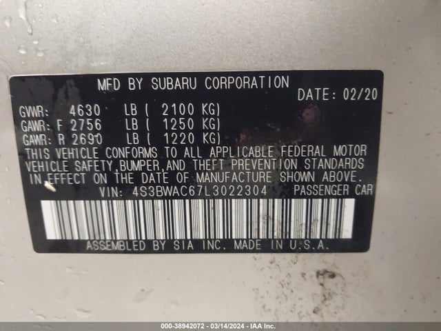 4S3BWAC67L3022304 Subaru Legacy Premium