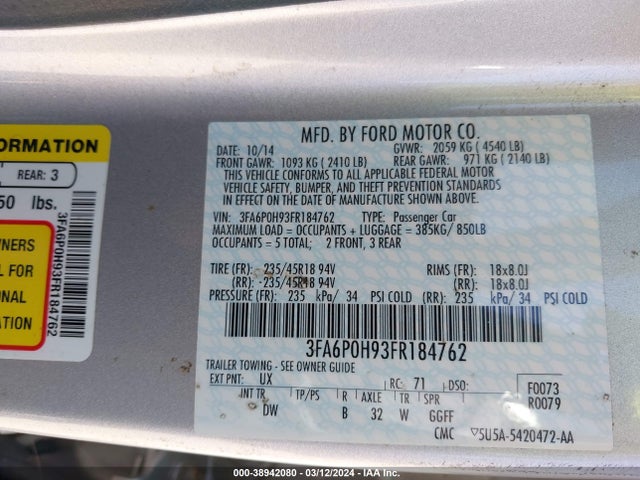 Ford FUSION SE 2015 3FA6P0H93FR184762 Image 9