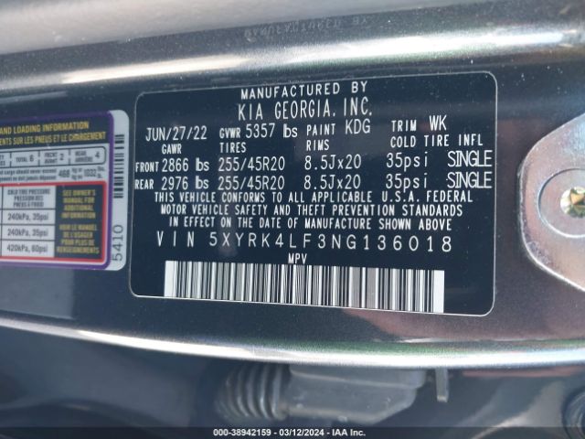 5XYRK4LF3NG136018 KIA Sorento Sx Prestige