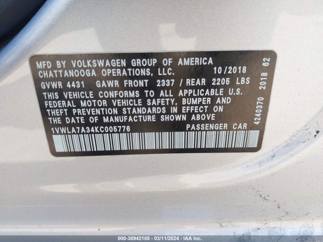 1VWLA7A34KC005776 Volkswagen Passat 2.0t Wolfsburg Edition