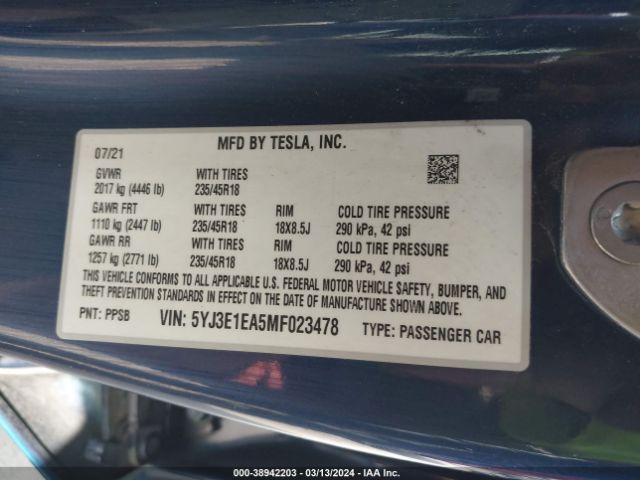 5YJ3E1EA5MF023478 Tesla Model 3 Standard Range Plus Rear-wheel Drive