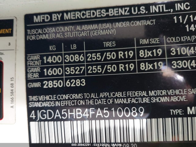 Mercedes-Benz Ml 350 4matic 2015 4JGDA5HB4FA510089 Image 9