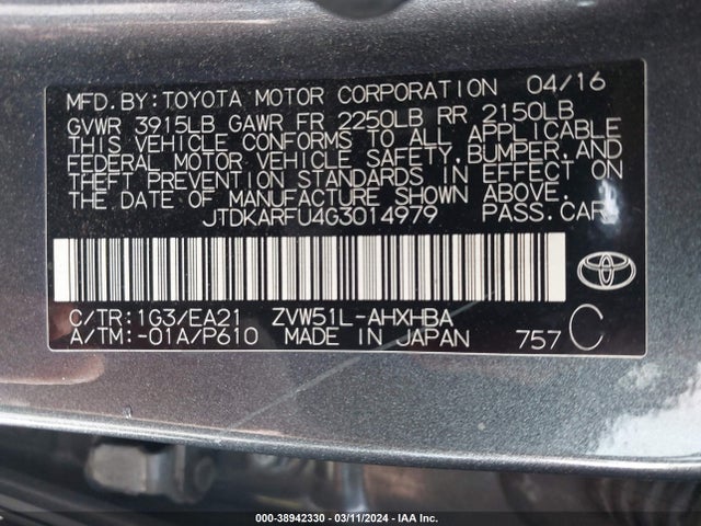 Toyota Prius Four Touring 2016 JTDKARFU4G3014979 Image 9