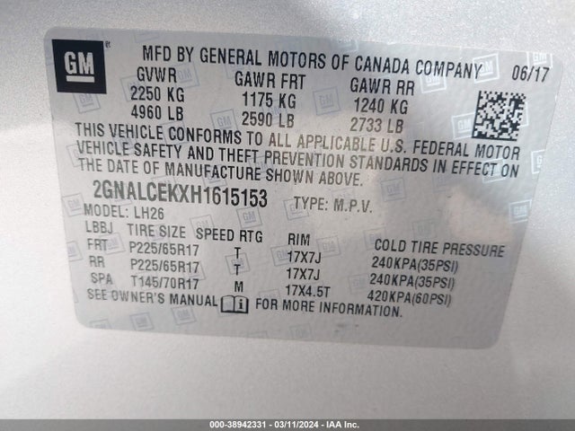 Chevrolet EQUINOX LT 2017 2GNALCEKXH1615153 Image 9