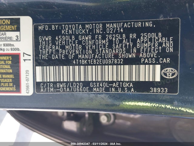 2014 TOYOTA AVALON XLE VIN: 4T1BK1EB2EU097832
