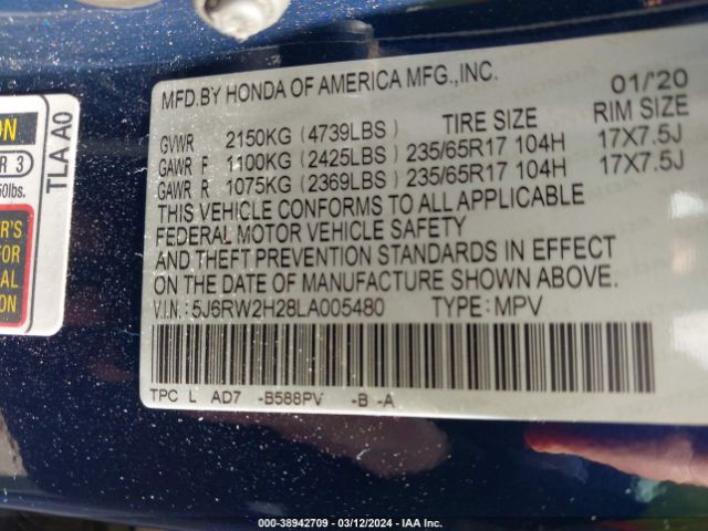 5J6RW2H28LA005480 Honda Cr-v Awd Lx