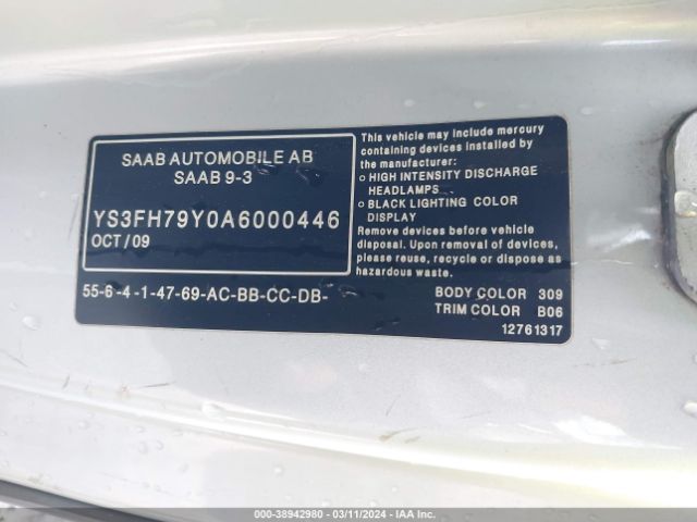 2010 SAAB 9-3 YS3FH79Y0A6000446 Photo 8