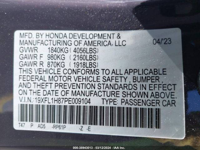 19XFL1H87PE009104 Honda Civic Sport Touring