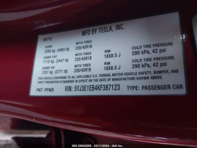 5YJ3E1EB4KF387123 Tesla Model 3 Long Range/performance