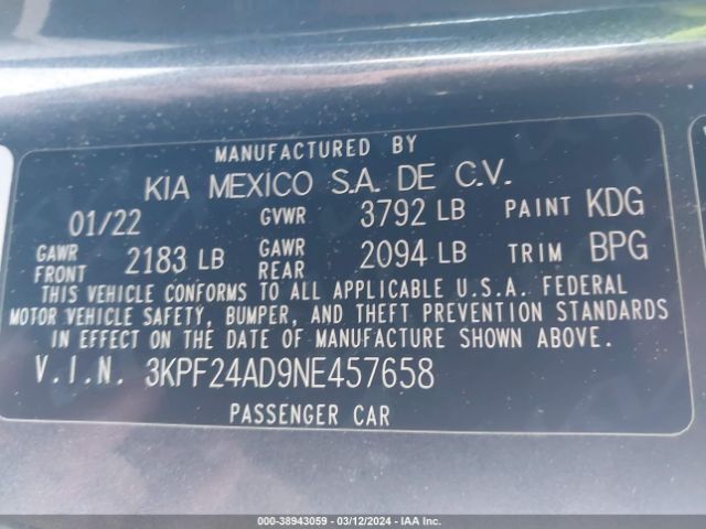 3KPF24AD9NE457658 KIA Forte Lxs