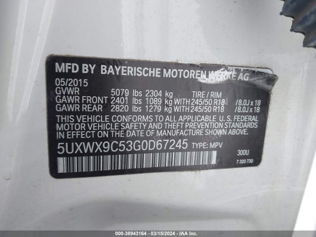 BMW X3 Xdrive28i 2016 5UXWX9C53G0D67245 Image 9