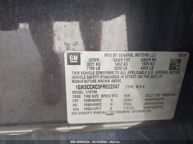 Chevrolet Tahoe Ltz 2015 1GNSCCKC5FR622047 Image 9
