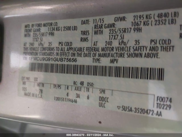 Ford ESCAPE SE 2016 1FMCU9G91GUB75656 Image 9