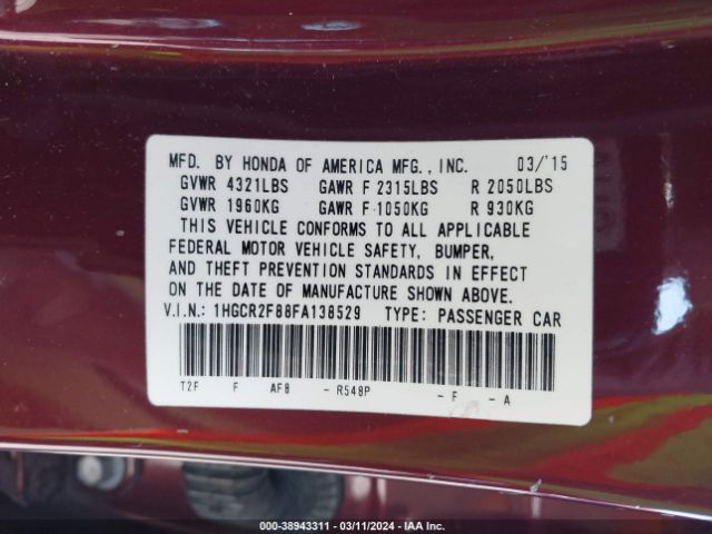 1HGCR2F88FA138529 Honda Accord Ex-l