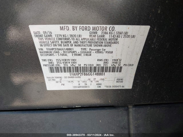 Ford Taurus Limited 2016 1FAHP2F86GG148801 Image 9