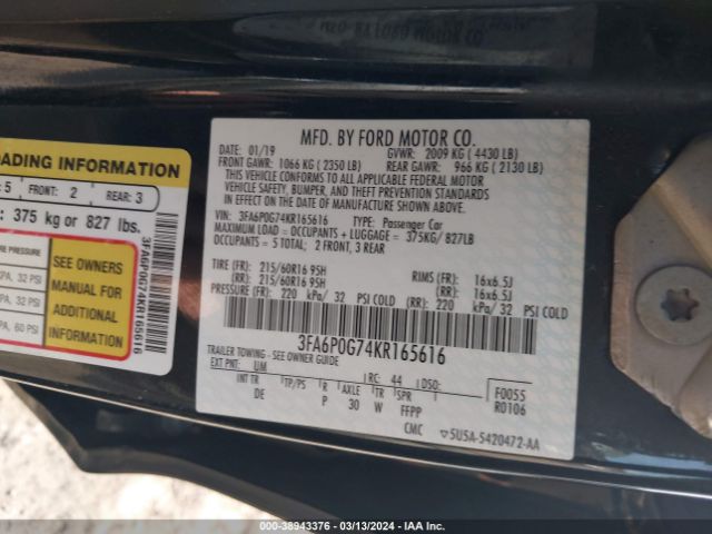 3FA6P0G74KR165616 Ford FUSION S