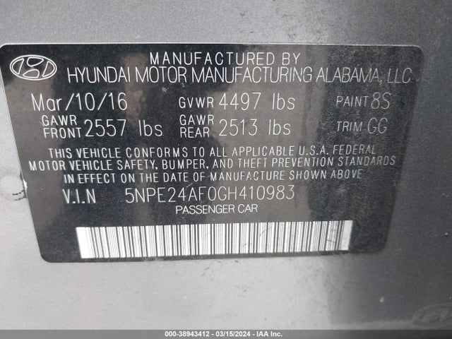 Hyundai SONATA SE 2016 5NPE24AF0GH410983 Image 9