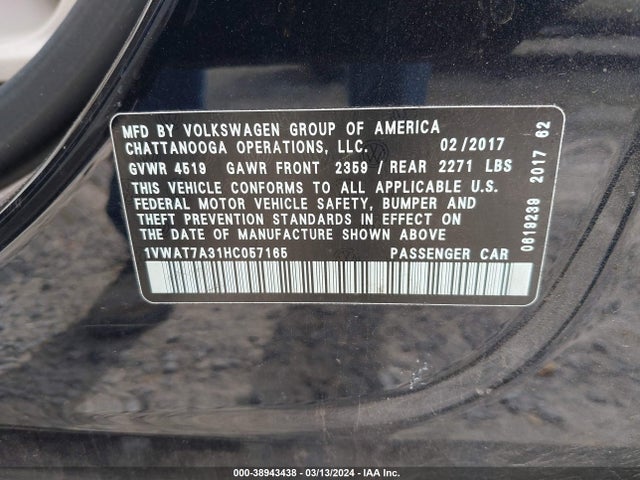 Volkswagen Passat 1.8t S 2017 1VWAT7A31HC057165 Image 9