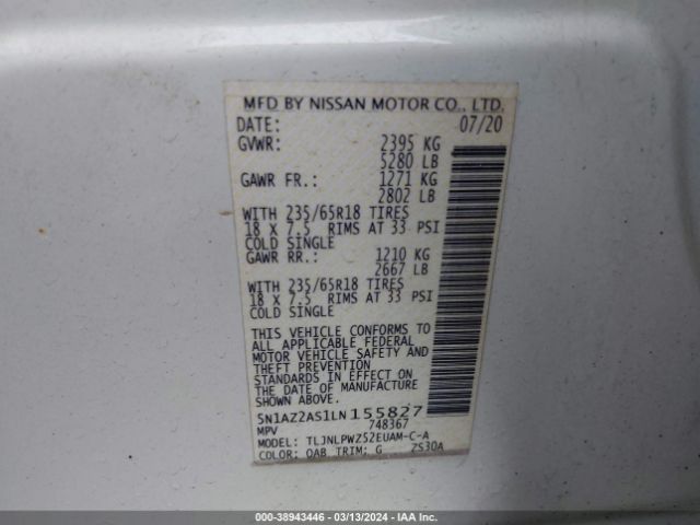 5N1AZ2AS1LN155827 Nissan Murano S Intelligent Awd