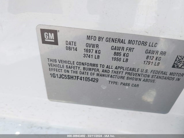 Chevrolet Sonic Lt Auto 2015 1G1JC5SH7F4105429 Image 9