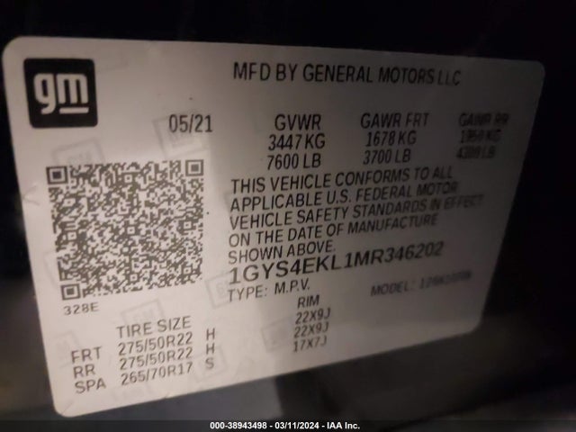1GYS4EKL1MR346202 Cadillac Escalade 4wd Sport