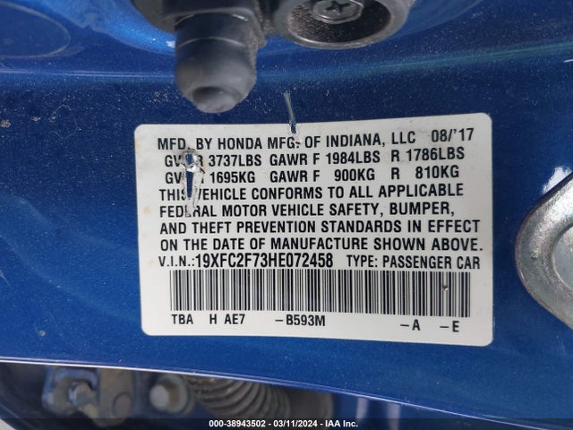 Honda CIVIC EX 2017 19XFC2F73HE072458 Image 9