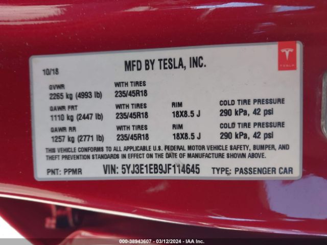 5YJ3E1EB9JF114645 Tesla Model 3 Long Range/performance
