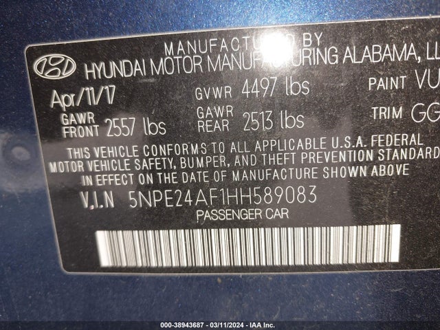 Hyundai SONATA SE 2017 5NPE24AF1HH589083 Image 9