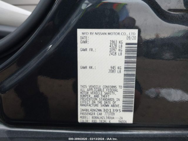 1N4BL4DV2MN301395 Nissan Altima Sv Fwd