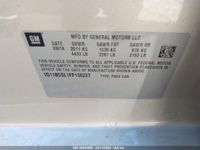 Chevrolet MALIBU LS 2015 1G11B5SL1FF138227 Image 9