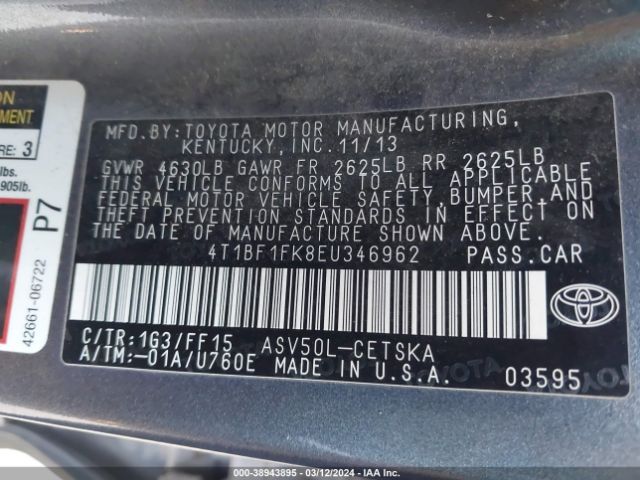 4T1BF1FK8EU346962 Toyota Camry L/se/le/xle
