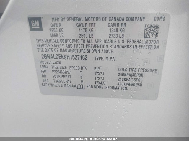 Chevrolet EQUINOX LT 2017 2GNALCEK9H1527162 Image 9